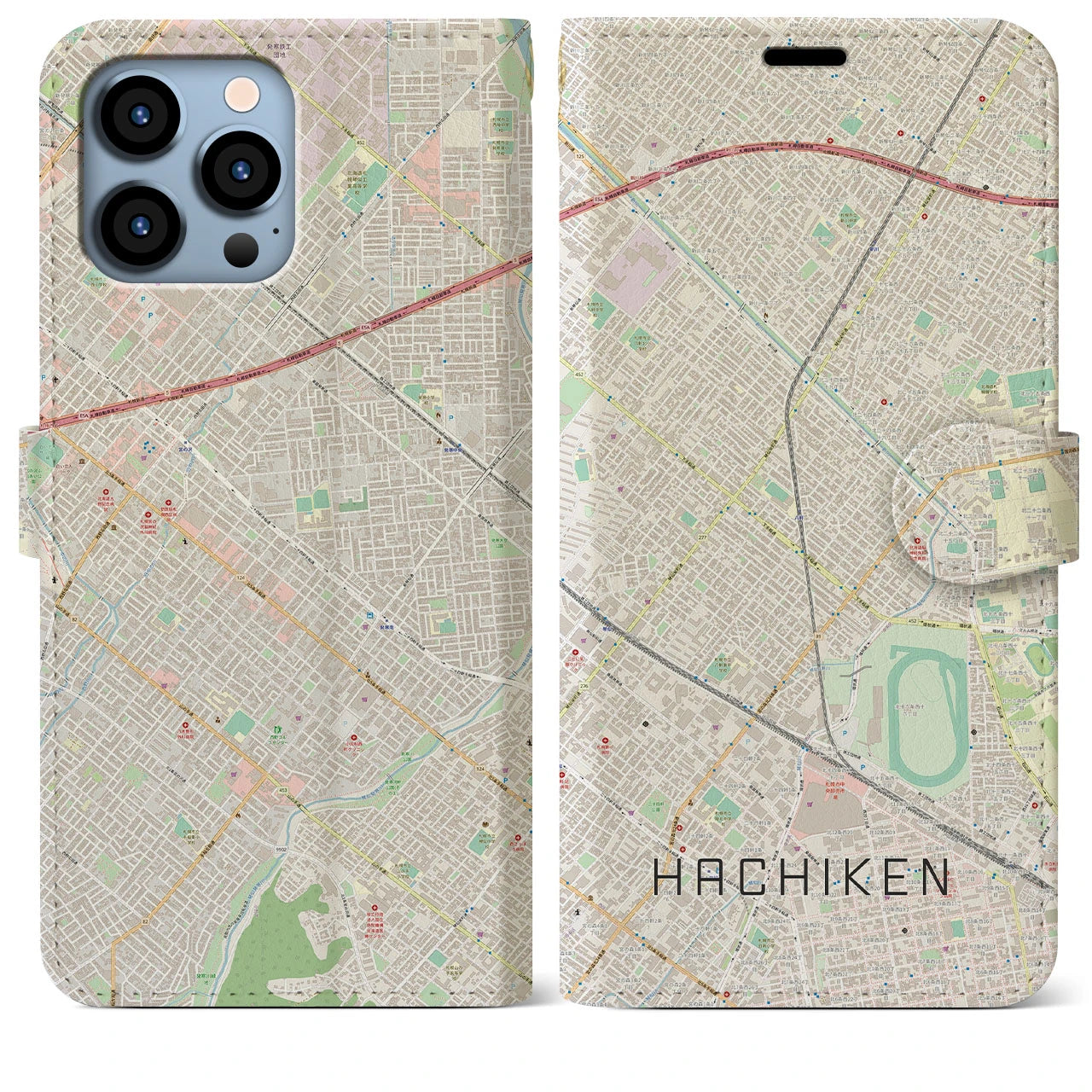 【八軒(北海道)】地図柄iPhoneケース(手帳タイプ)ナチュラル・iPhone 13 Pro Max 用