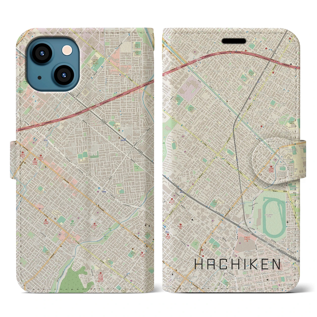 【八軒(北海道)】地図柄iPhoneケース(手帳タイプ)ナチュラル・iPhone 13 用