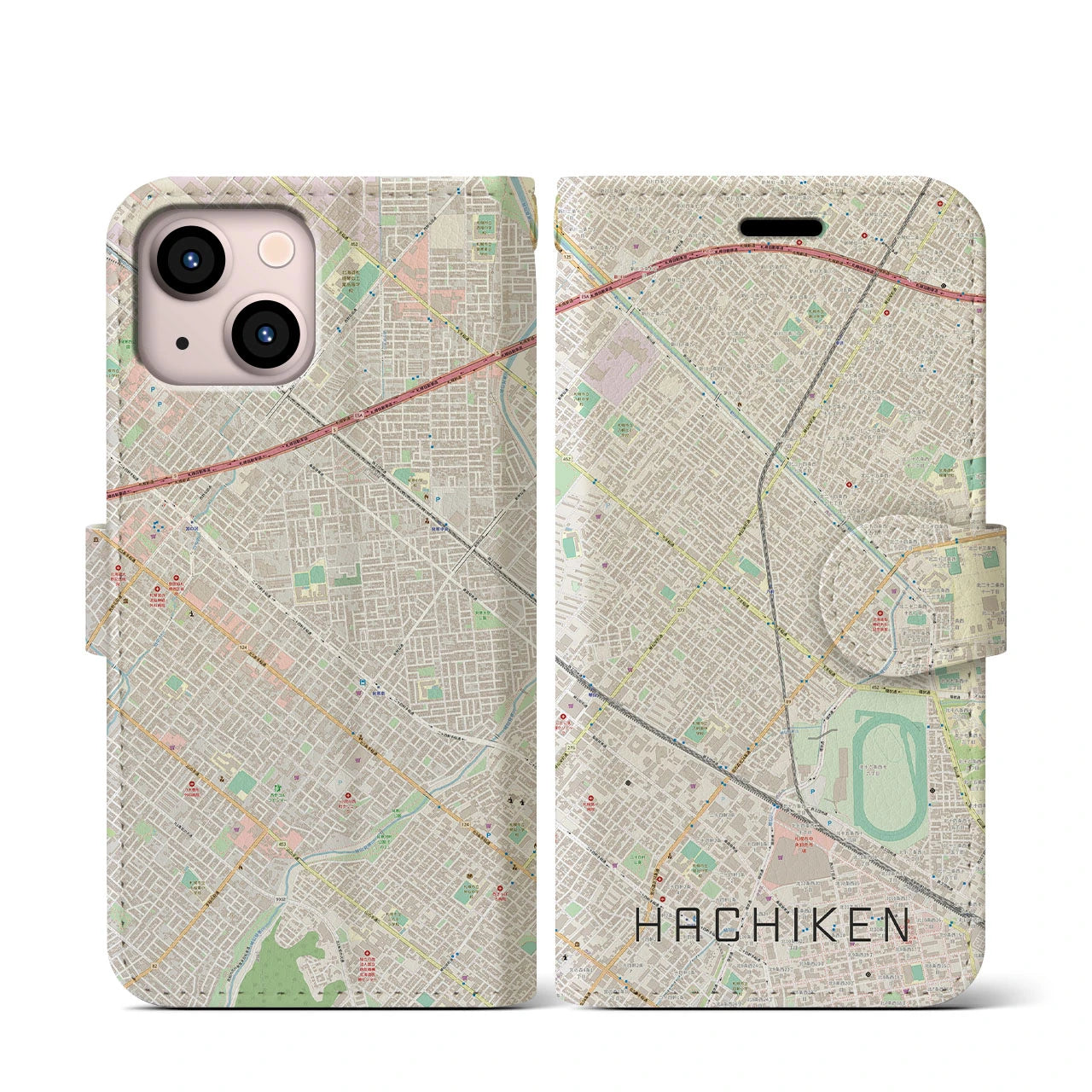 【八軒(北海道)】地図柄iPhoneケース(手帳タイプ)ナチュラル・iPhone 13 mini 用