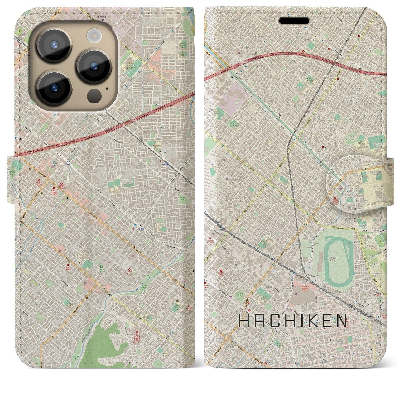 【八軒(北海道)】地図柄iPhoneケース(手帳タイプ)ナチュラル・iPhone 14 Pro Max 用