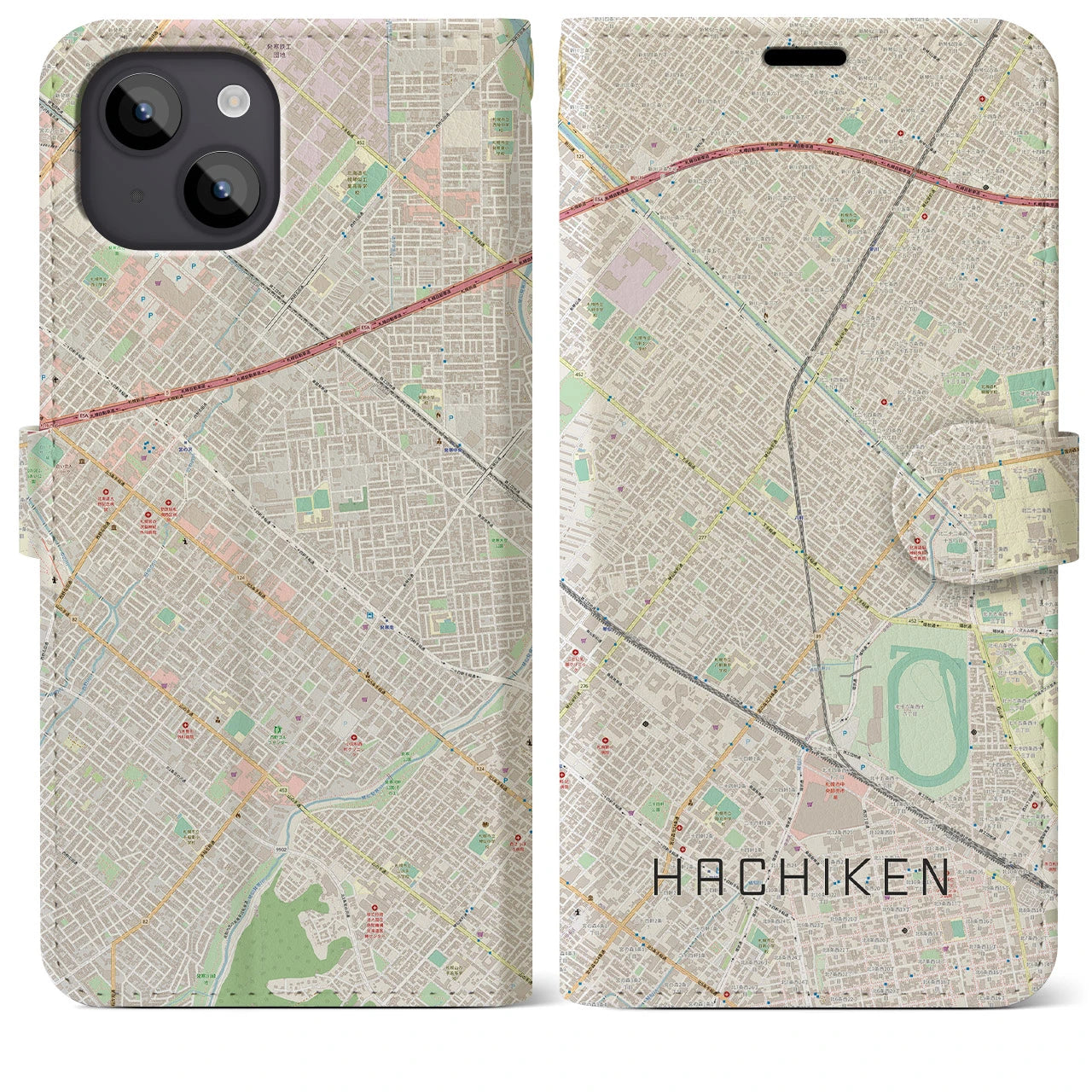 【八軒(北海道)】地図柄iPhoneケース(手帳タイプ)ナチュラル・iPhone 14 Plus 用