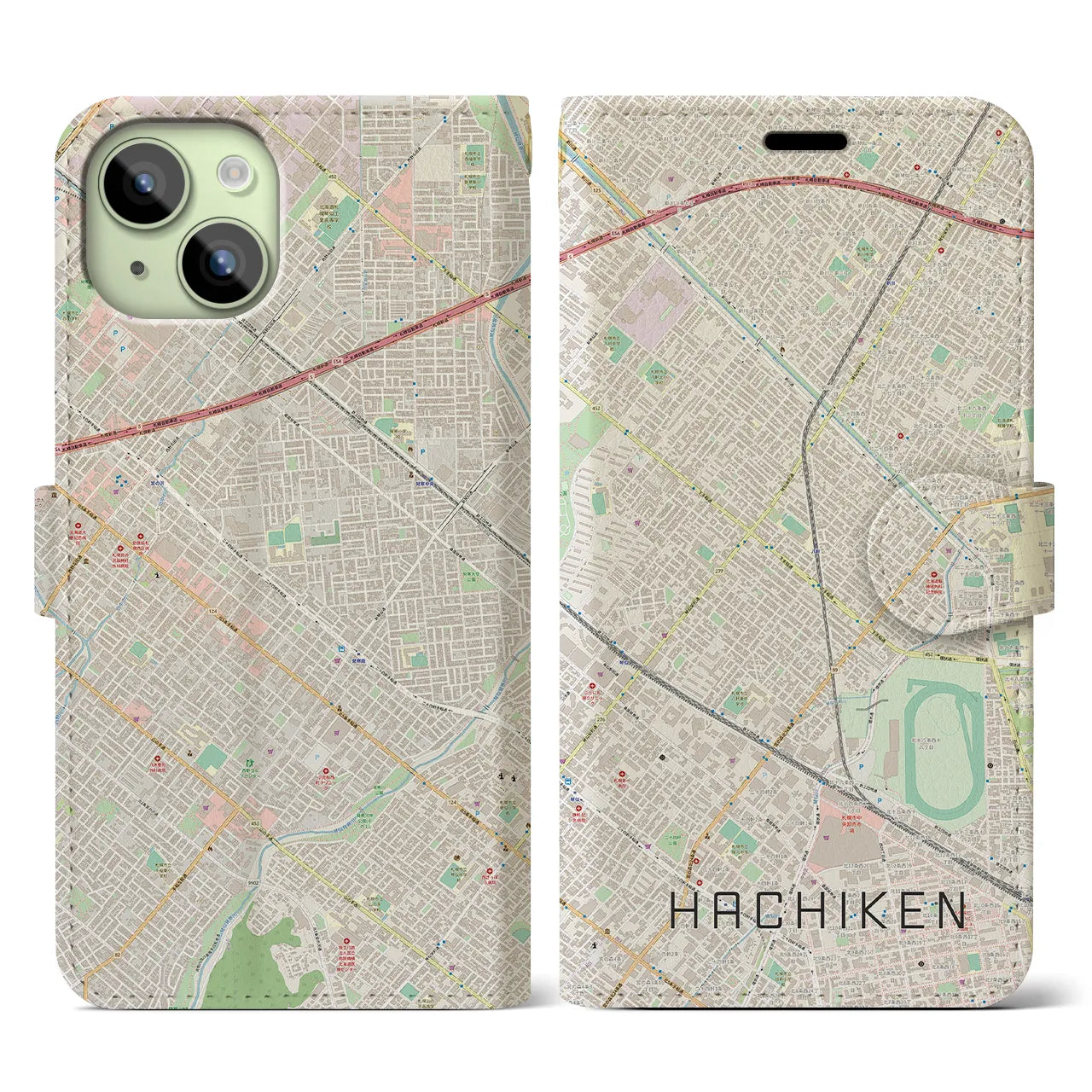 【八軒(北海道)】地図柄iPhoneケース(手帳タイプ)ナチュラル・iPhone 15 用