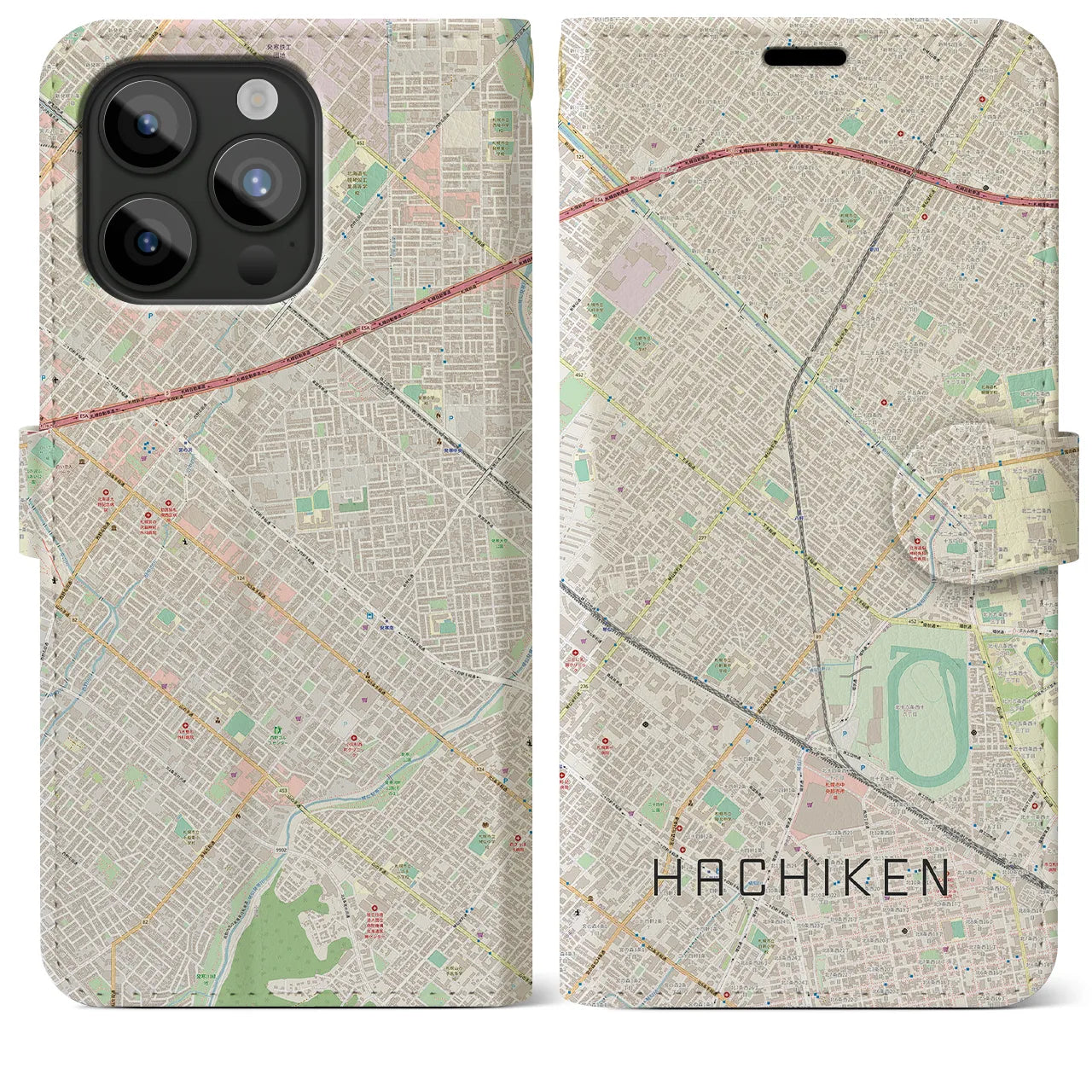 【八軒(北海道)】地図柄iPhoneケース(手帳タイプ)ナチュラル・iPhone 15 Pro Max 用