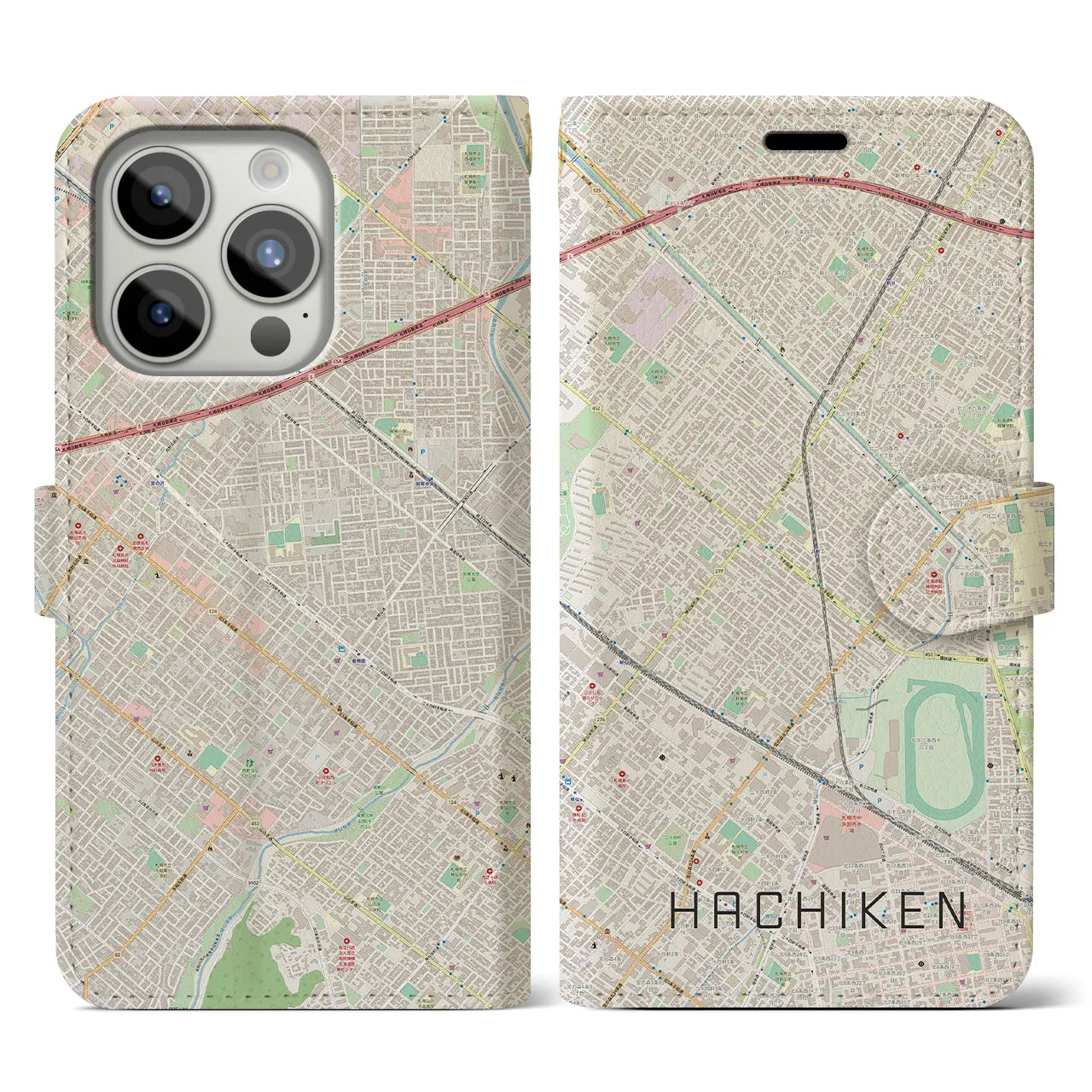【八軒(北海道)】地図柄iPhoneケース(手帳タイプ)ナチュラル・iPhone 15 Pro 用