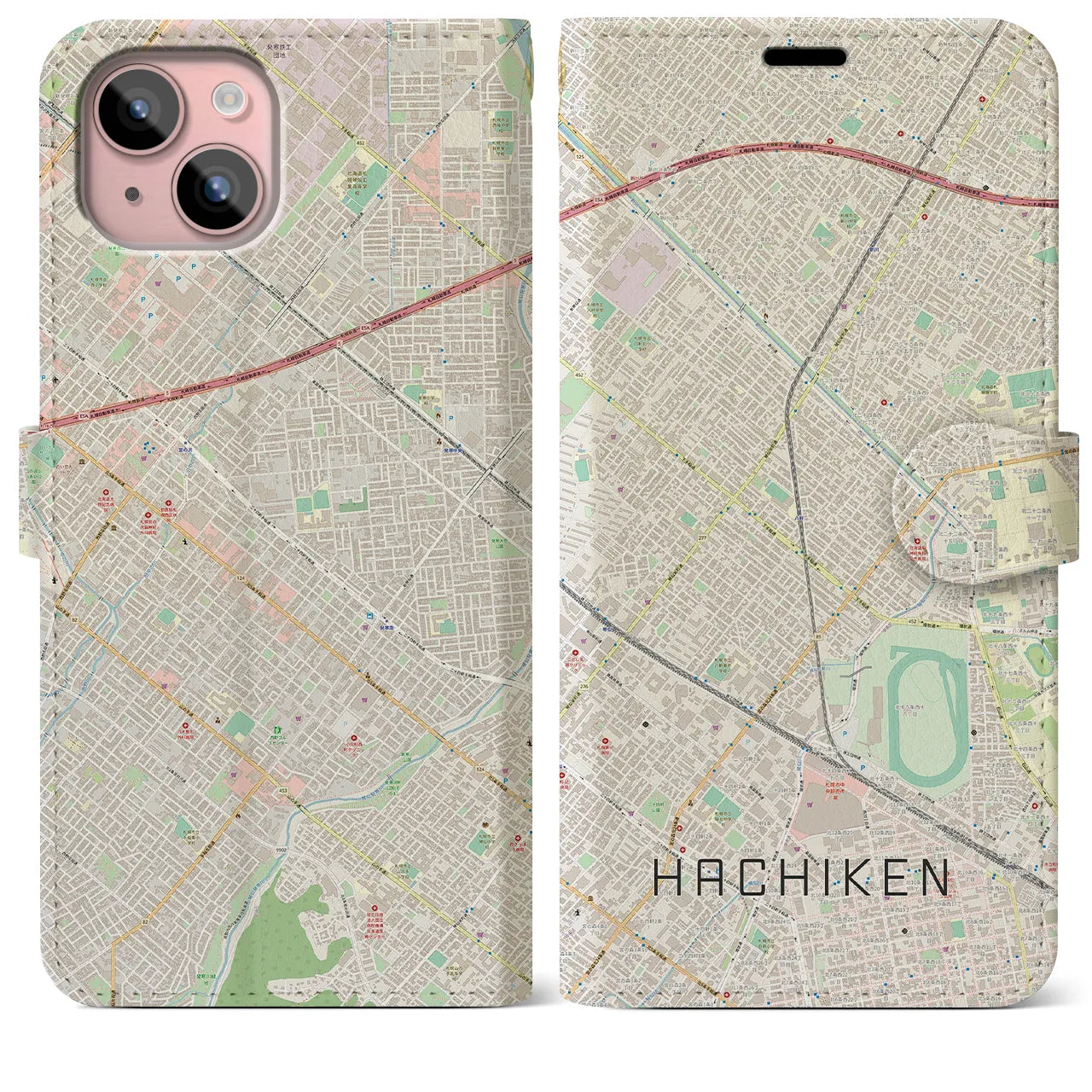 【八軒(北海道)】地図柄iPhoneケース(手帳タイプ)ナチュラル・iPhone 15 Plus 用