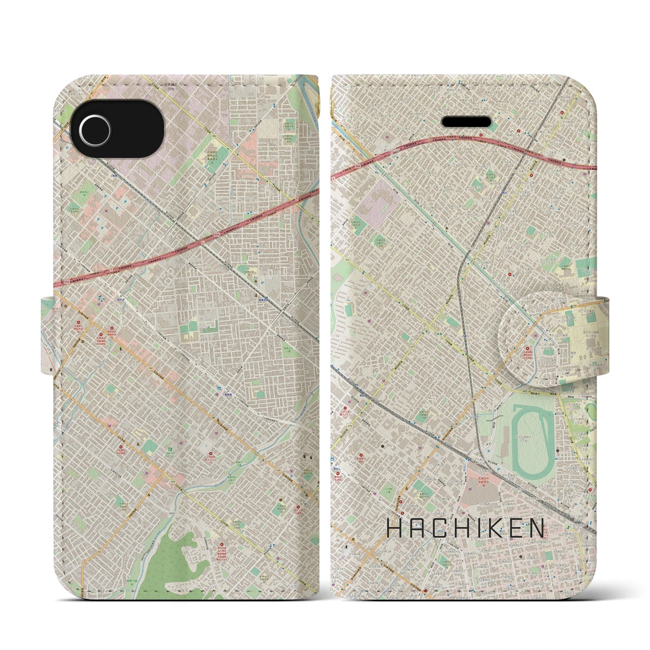 【八軒(北海道)】地図柄iPhoneケース(手帳タイプ)ナチュラル・iPhone SE(第3 / 第2世代) / 8 / 7 / 6s / 6 用