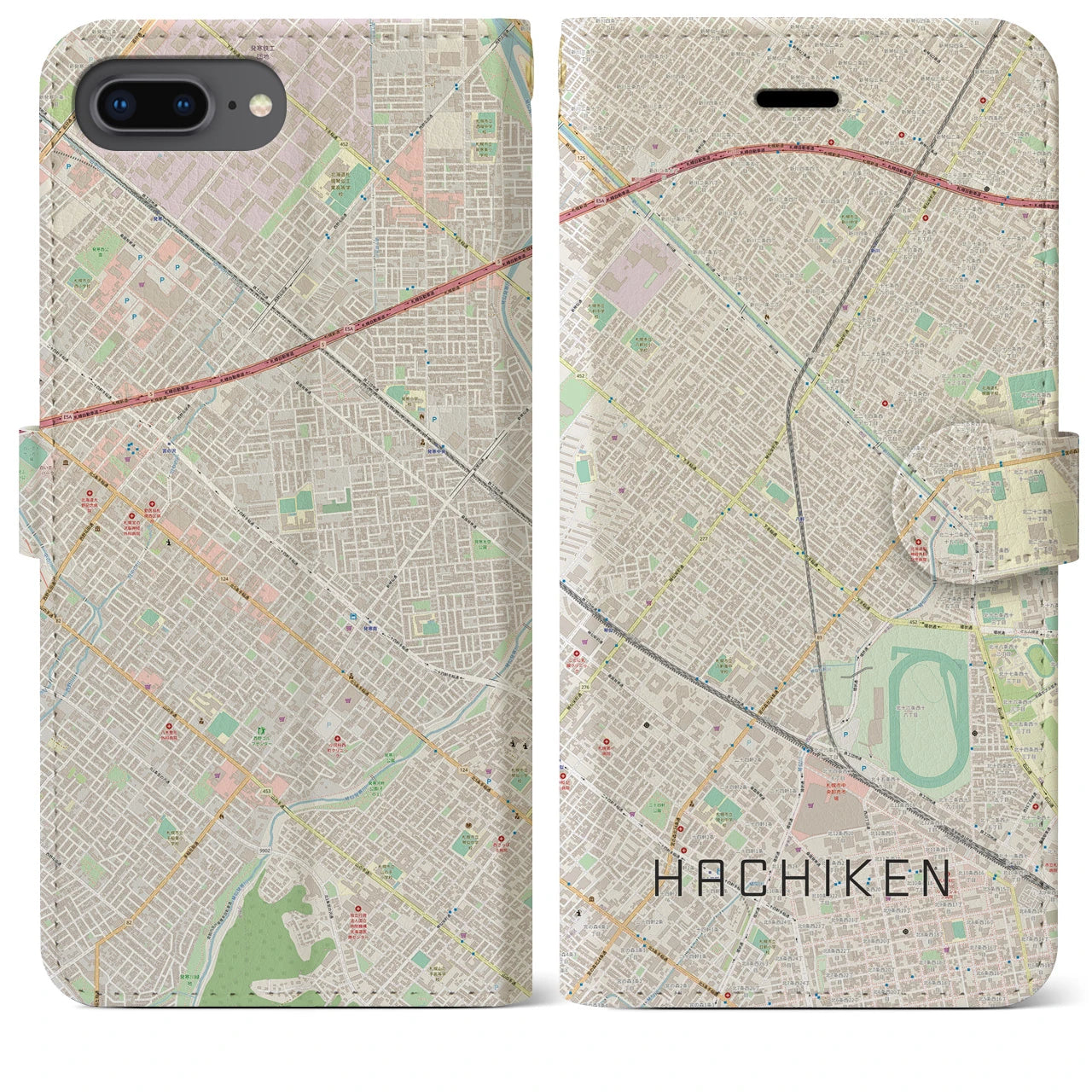 【八軒(北海道)】地図柄iPhoneケース(手帳タイプ)ナチュラル・iPhone 8Plus /7Plus / 6sPlus / 6Plus 用