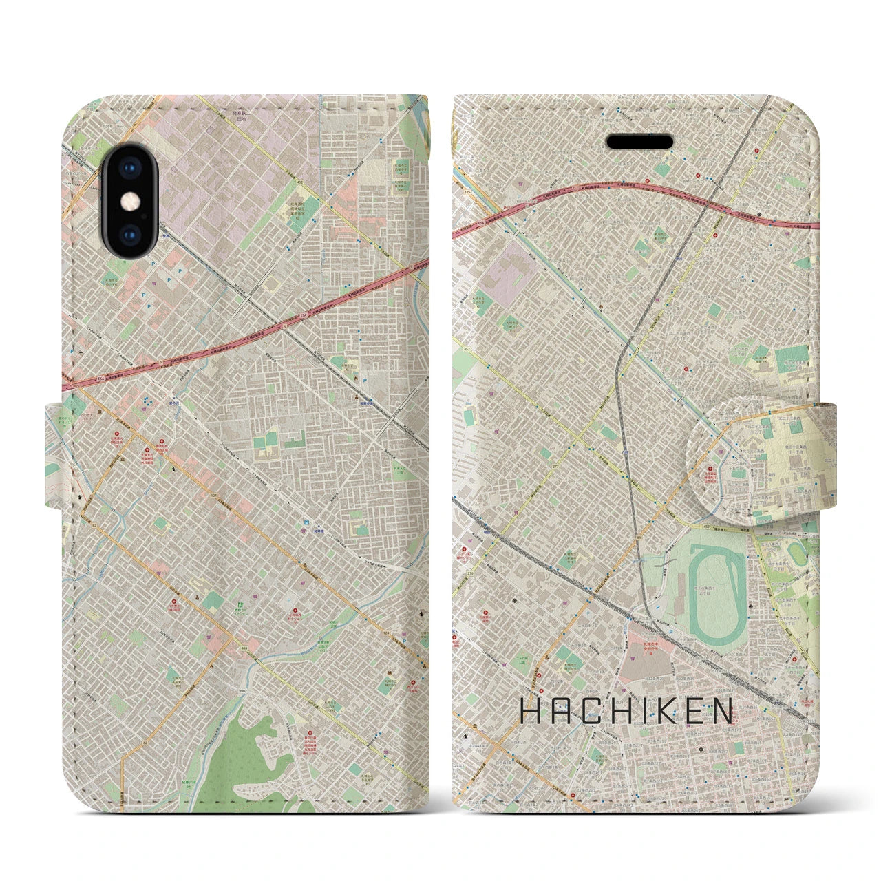 【八軒(北海道)】地図柄iPhoneケース(手帳タイプ)ナチュラル・iPhone XS / X 用