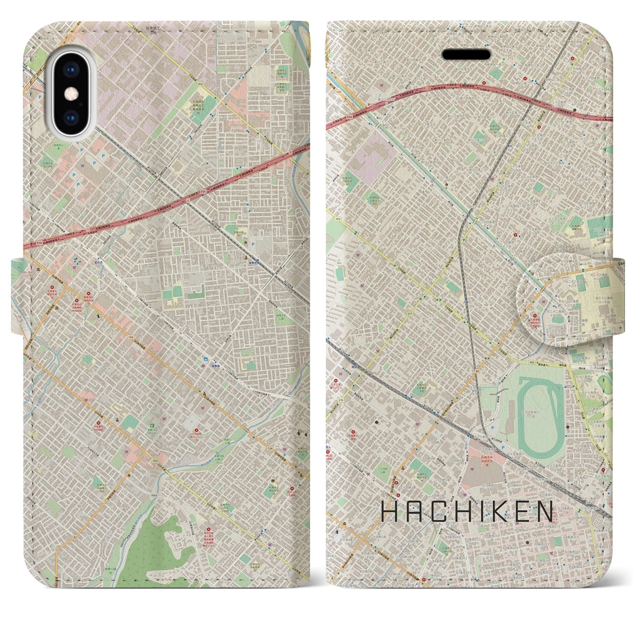 【八軒(北海道)】地図柄iPhoneケース(手帳タイプ)ナチュラル・iPhone XS Max 用