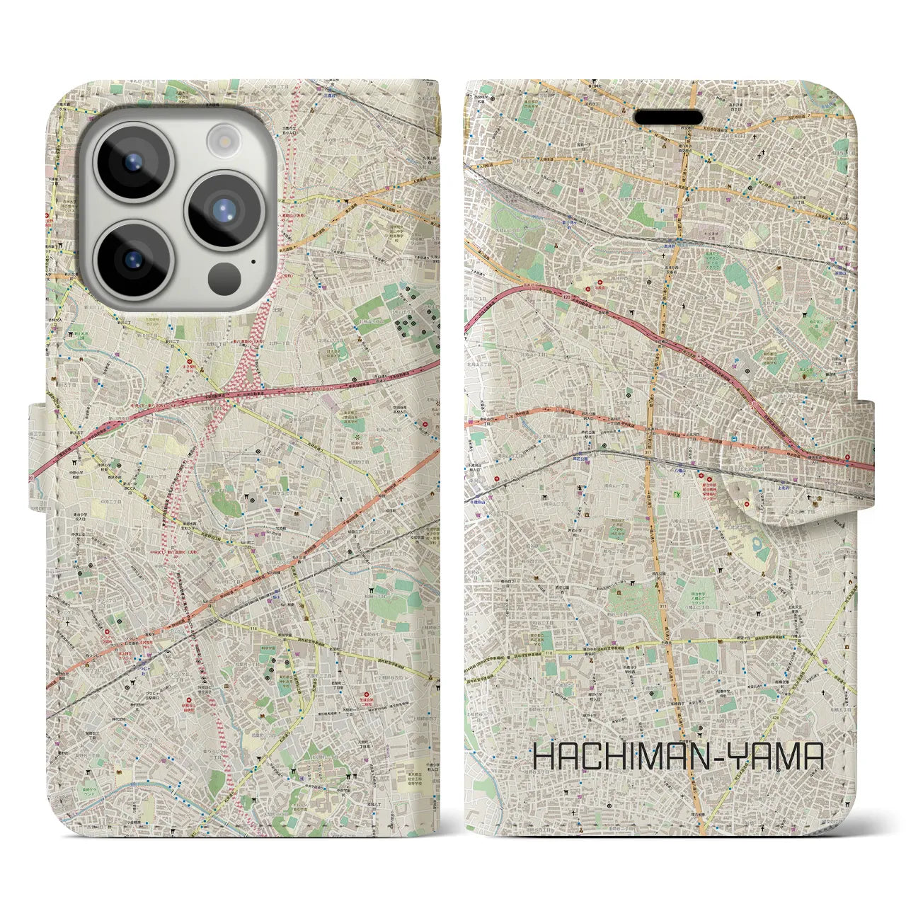 【八幡山(東京都)】地図柄iPhoneケース(手帳タイプ)ナチュラル・iPhone 15 Pro 用