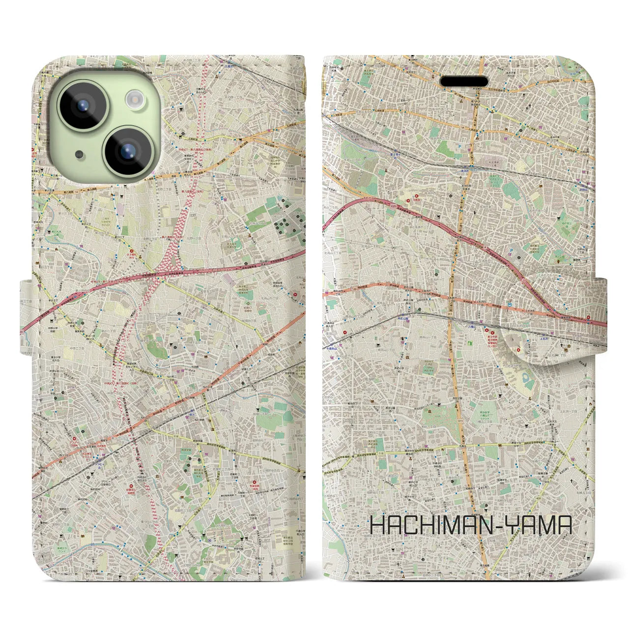 【八幡山(東京都)】地図柄iPhoneケース(手帳タイプ)ナチュラル・iPhone 15 用