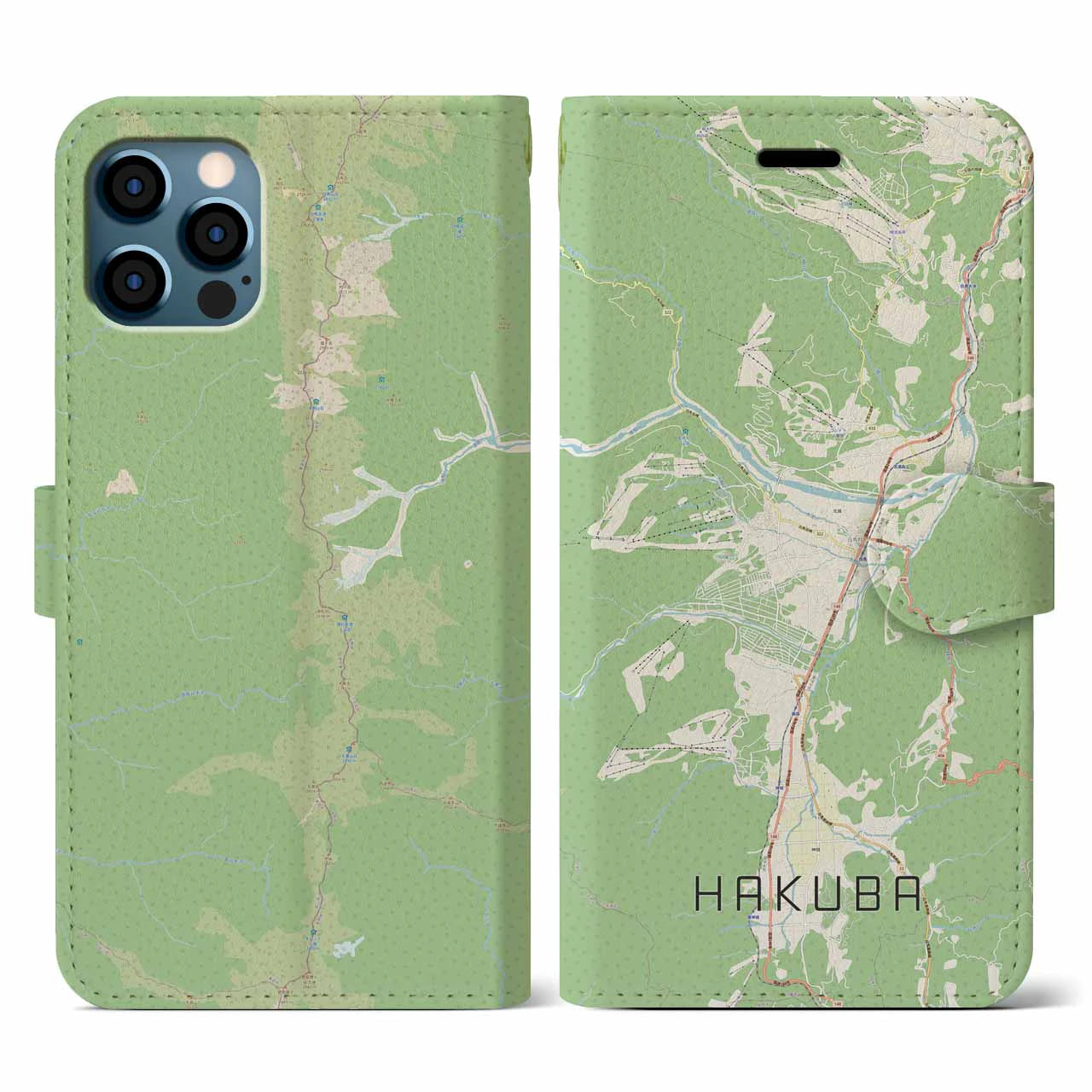 【白馬(長野県)】地図柄iPhoneケース(手帳タイプ)ナチュラル・iPhone 12 / 12 Pro 用