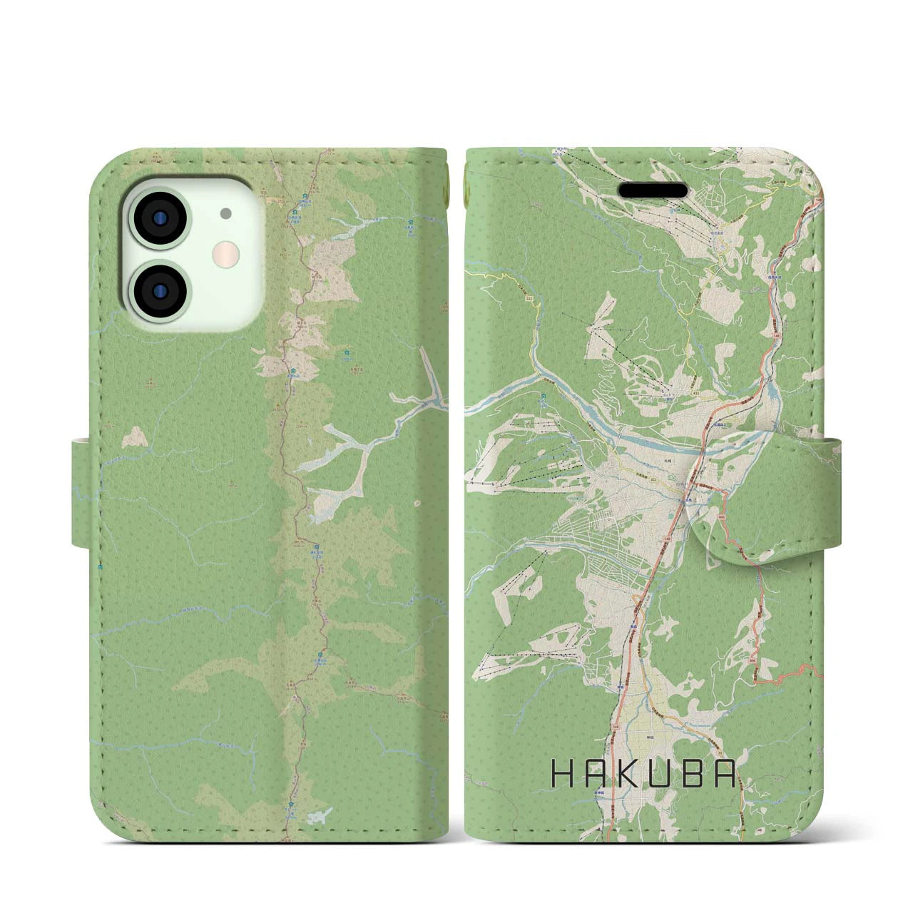 【白馬(長野県)】地図柄iPhoneケース(手帳タイプ)ナチュラル・iPhone 12 mini 用