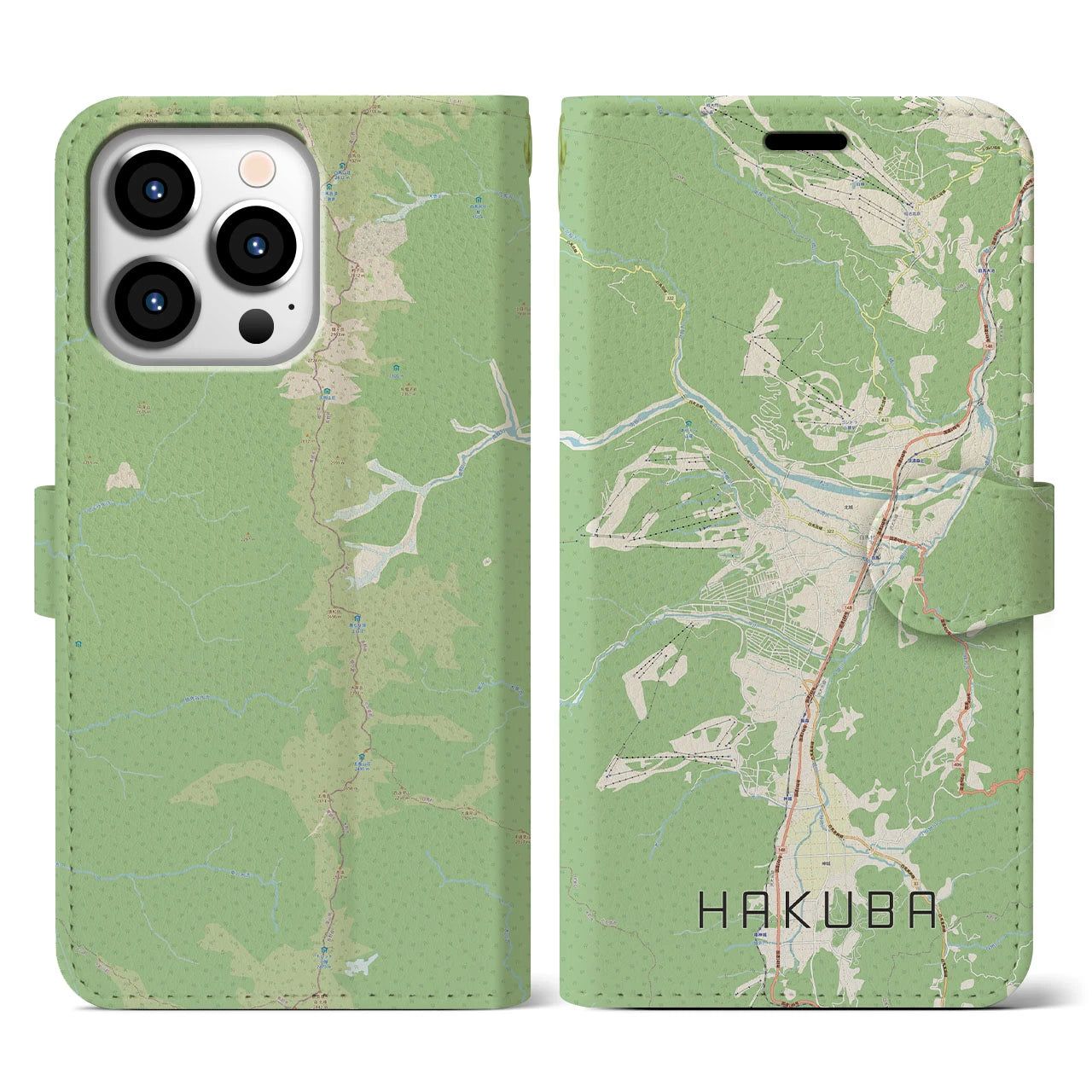 【白馬(長野県)】地図柄iPhoneケース(手帳タイプ)ナチュラル・iPhone 13 Pro 用