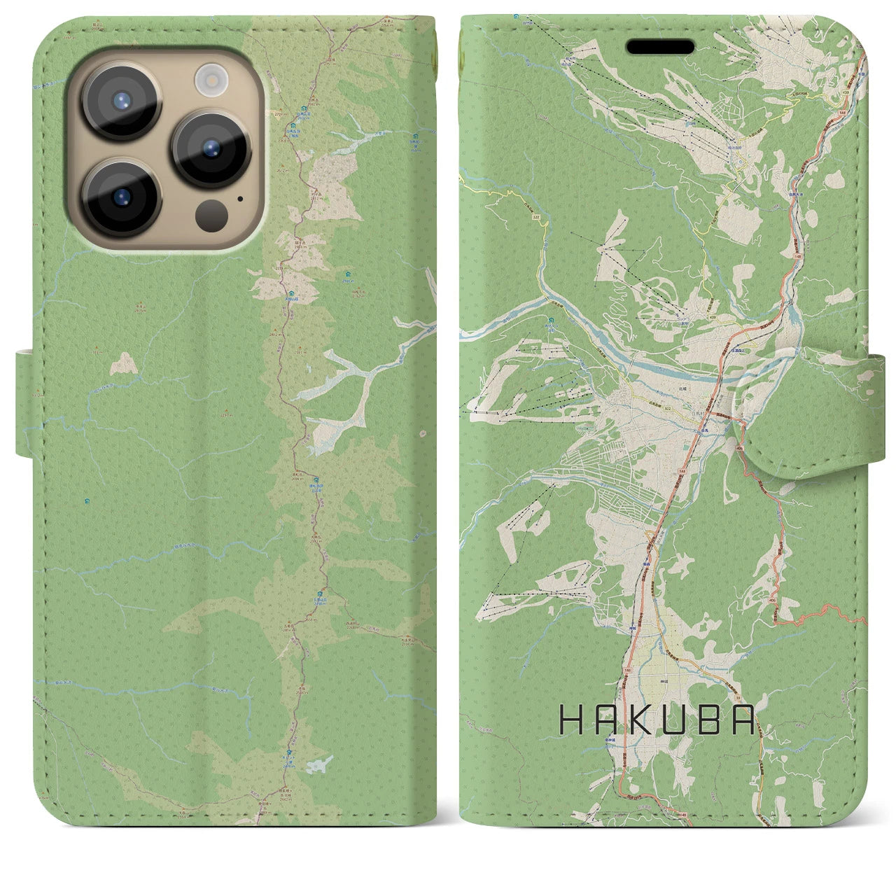 【白馬(長野県)】地図柄iPhoneケース(手帳タイプ)ナチュラル・iPhone 14 Pro Max 用