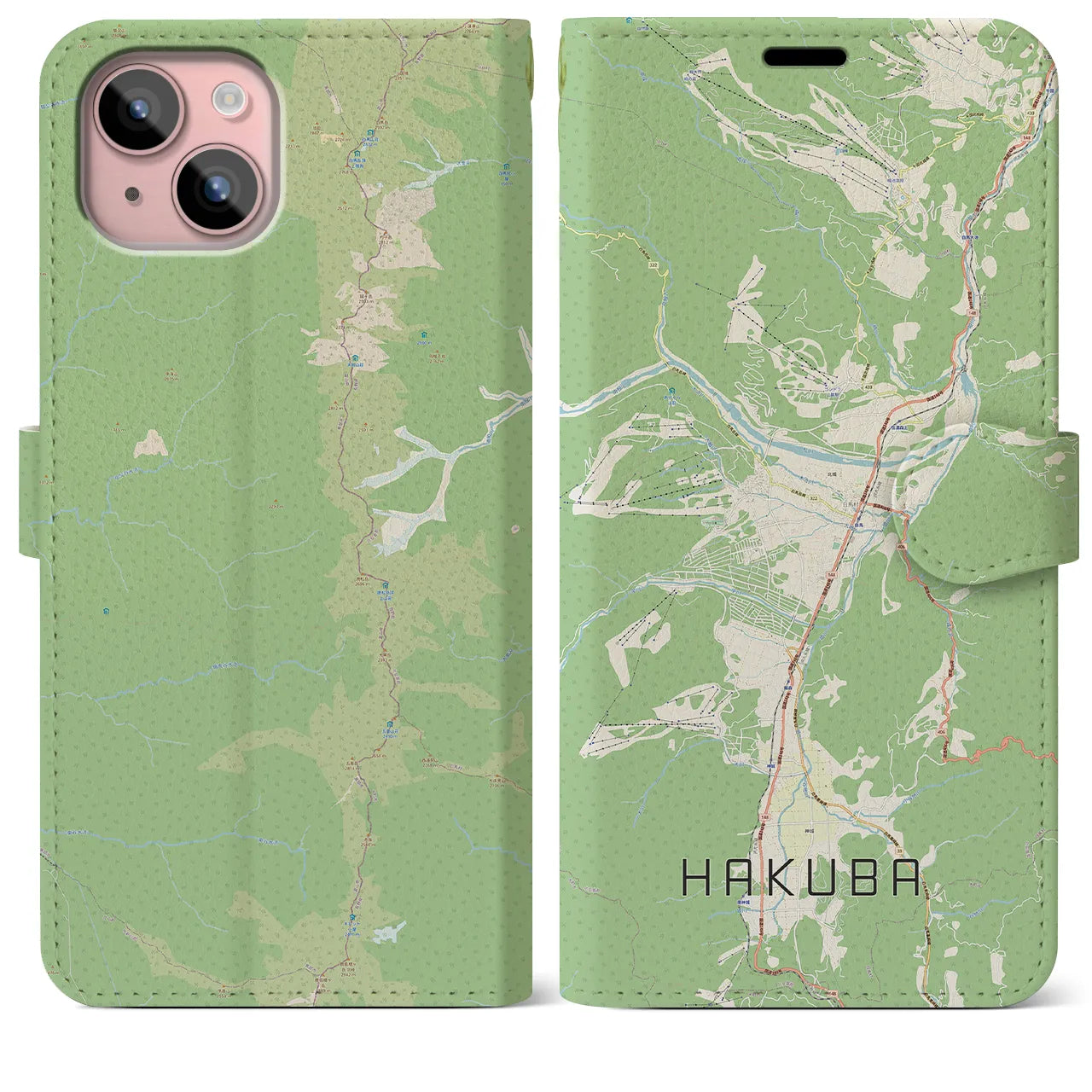 【白馬(長野県)】地図柄iPhoneケース(手帳タイプ)ナチュラル・iPhone 15 Plus 用
