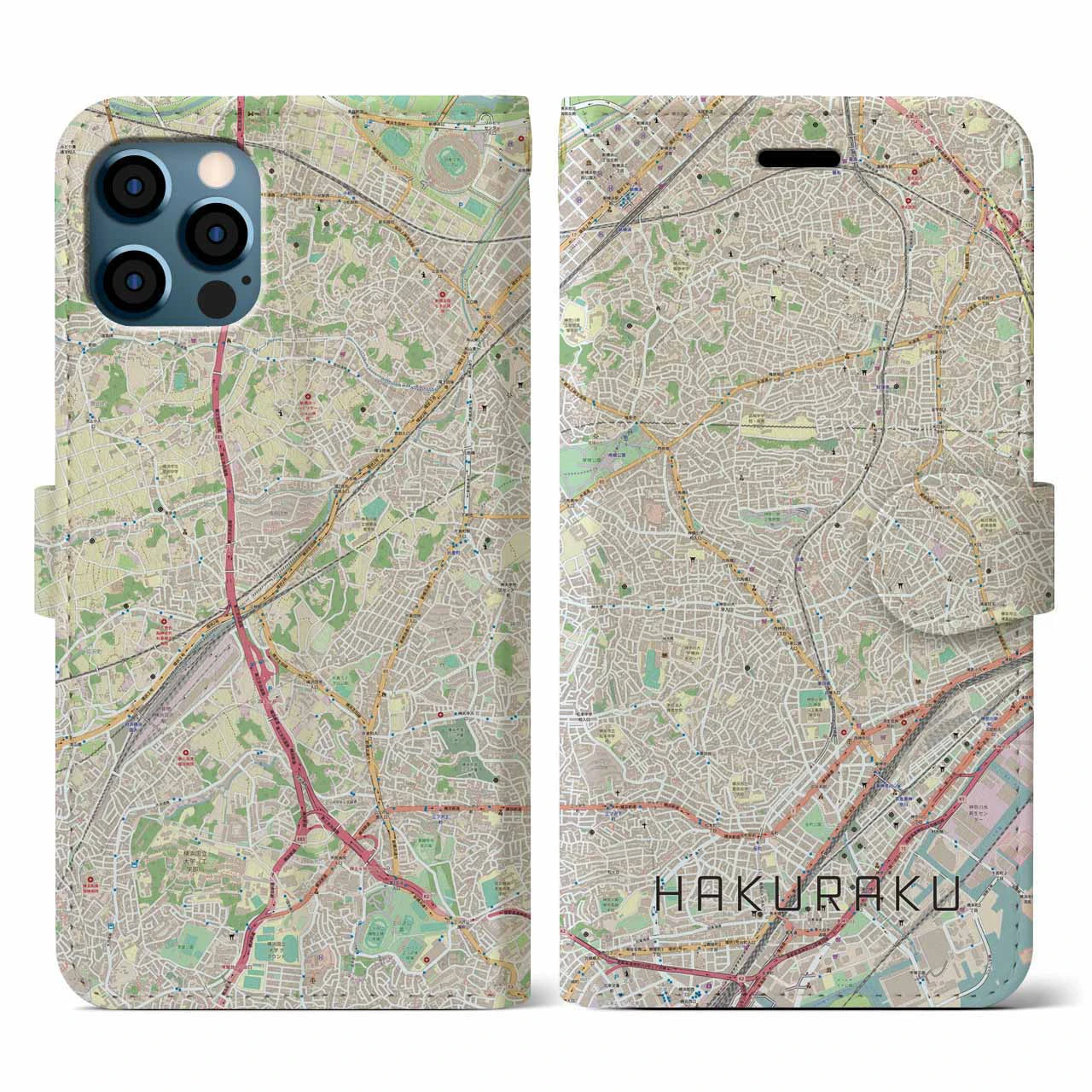 【白楽(神奈川県)】地図柄iPhoneケース(手帳タイプ)ナチュラル・iPhone 12 / 12 Pro 用