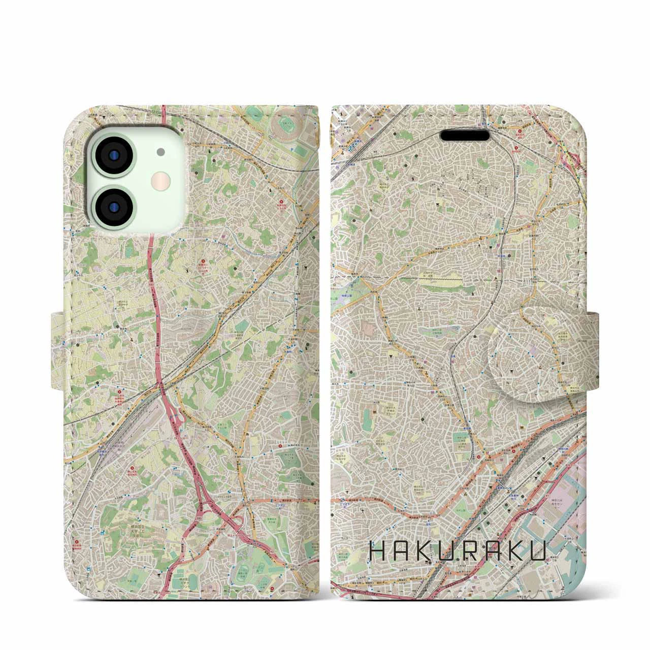 【白楽(神奈川県)】地図柄iPhoneケース(手帳タイプ)ナチュラル・iPhone 12 mini 用