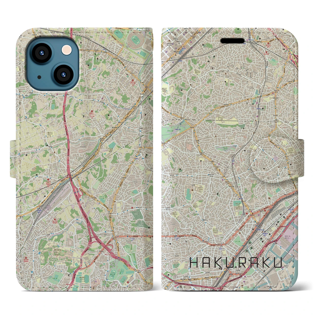 【白楽(神奈川県)】地図柄iPhoneケース(手帳タイプ)ナチュラル・iPhone 13 用