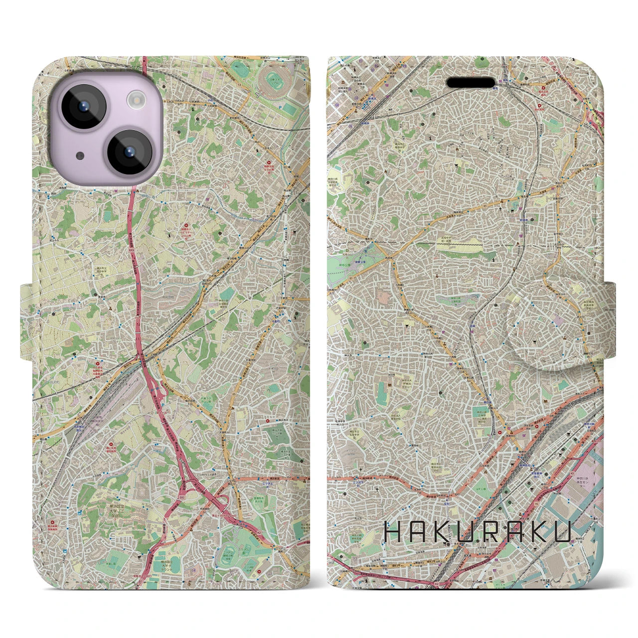 【白楽(神奈川県)】地図柄iPhoneケース(手帳タイプ)ナチュラル・iPhone 14 用
