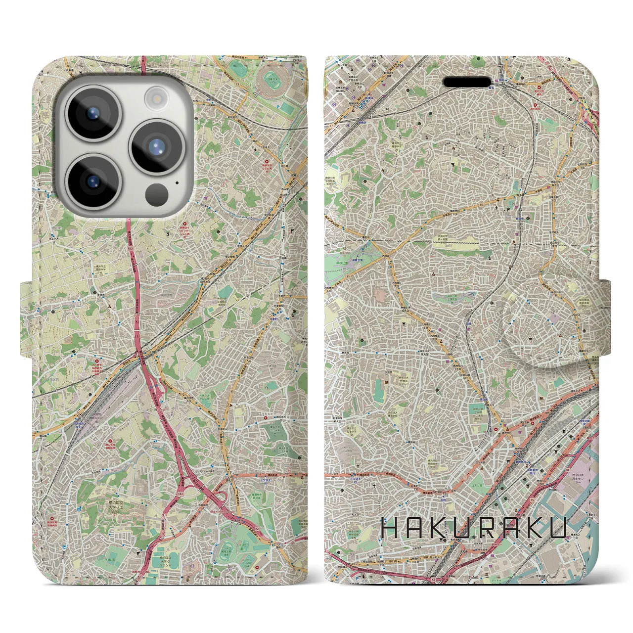 【白楽(神奈川県)】地図柄iPhoneケース(手帳タイプ)ナチュラル・iPhone 15 Pro 用