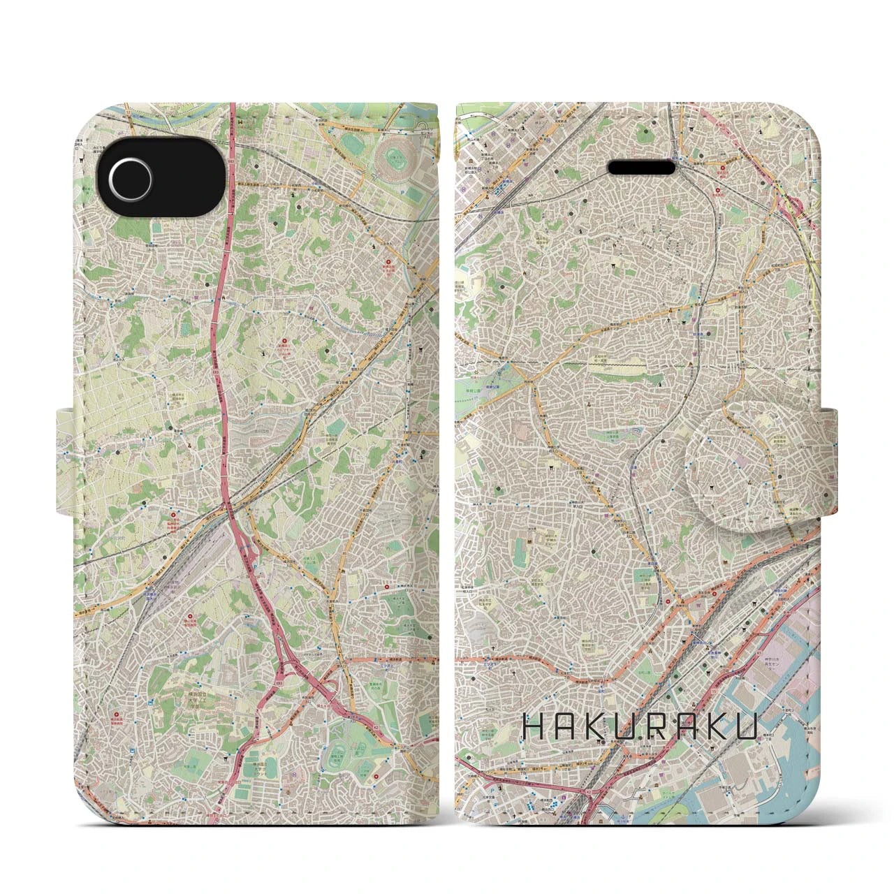 【白楽(神奈川県)】地図柄iPhoneケース(手帳タイプ)ナチュラル・iPhone SE(第3 / 第2世代) / 8 / 7 / 6s / 6 用