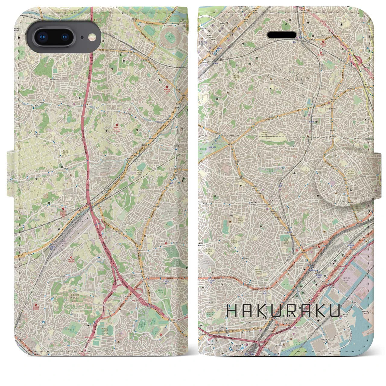 【白楽(神奈川県)】地図柄iPhoneケース(手帳タイプ)ナチュラル・iPhone 8Plus /7Plus / 6sPlus / 6Plus 用