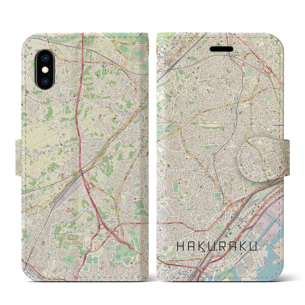 【白楽(神奈川県)】地図柄iPhoneケース(手帳タイプ)ナチュラル・iPhone XS / X 用