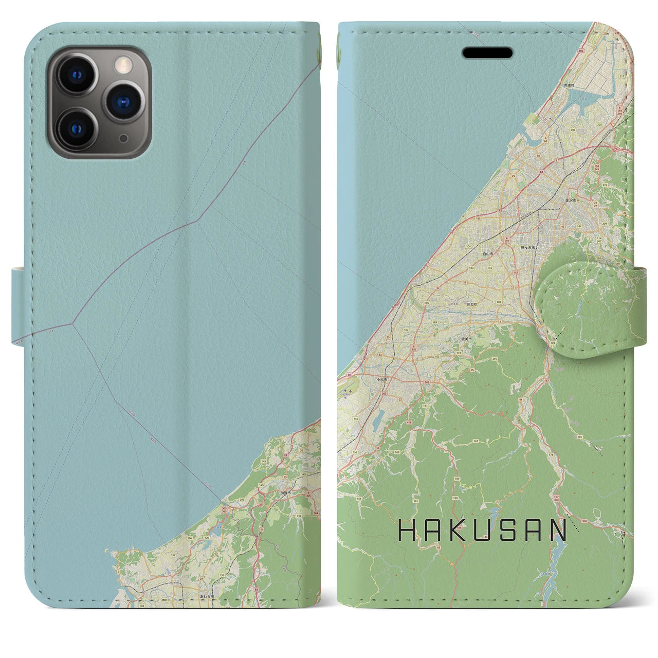 【白山(石川県)】地図柄iPhoneケース(手帳タイプ)ナチュラル・iPhone 11 Pro Max 用