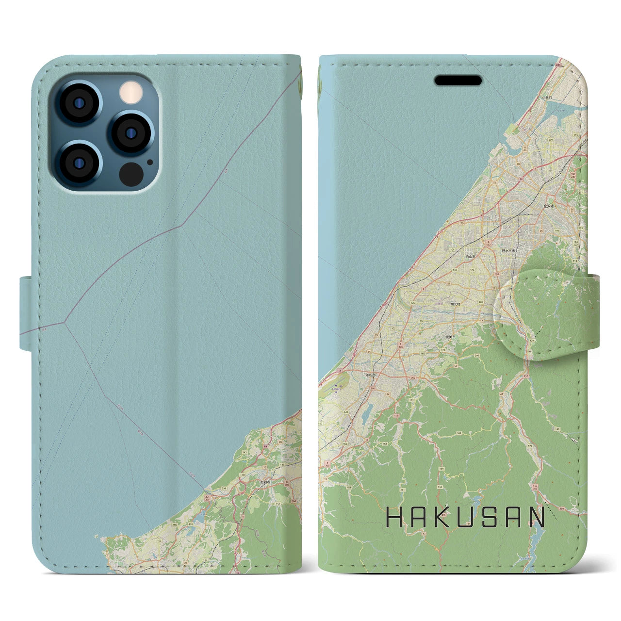 【白山(石川県)】地図柄iPhoneケース(手帳タイプ)ナチュラル・iPhone 12 / 12 Pro 用