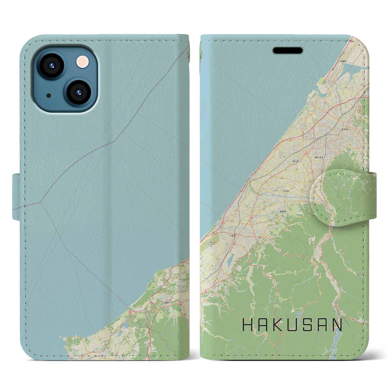 【白山(石川県)】地図柄iPhoneケース(手帳タイプ)ナチュラル・iPhone 13 用