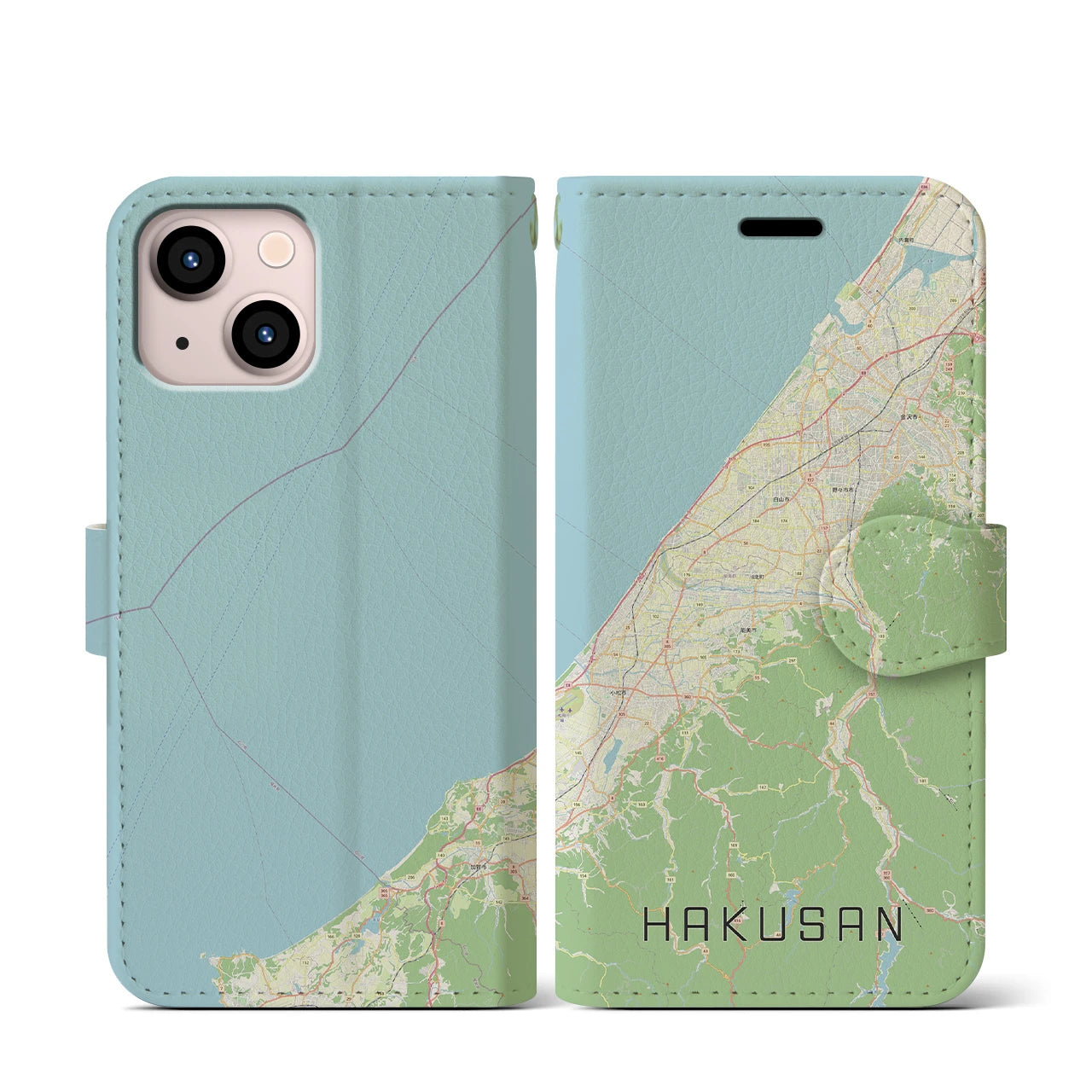【白山(石川県)】地図柄iPhoneケース(手帳タイプ)ナチュラル・iPhone 13 mini 用
