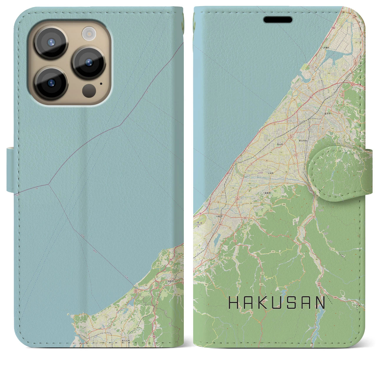 【白山(石川県)】地図柄iPhoneケース(手帳タイプ)ナチュラル・iPhone 14 Pro Max 用