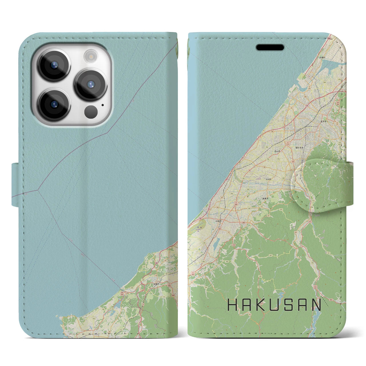 【白山(石川県)】地図柄iPhoneケース(手帳タイプ)ナチュラル・iPhone 14 Pro 用
