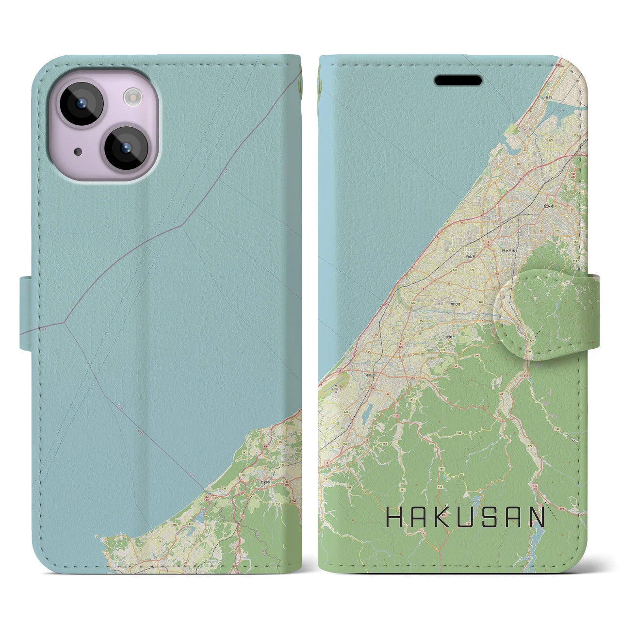 【白山(石川県)】地図柄iPhoneケース(手帳タイプ)ナチュラル・iPhone 14 用
