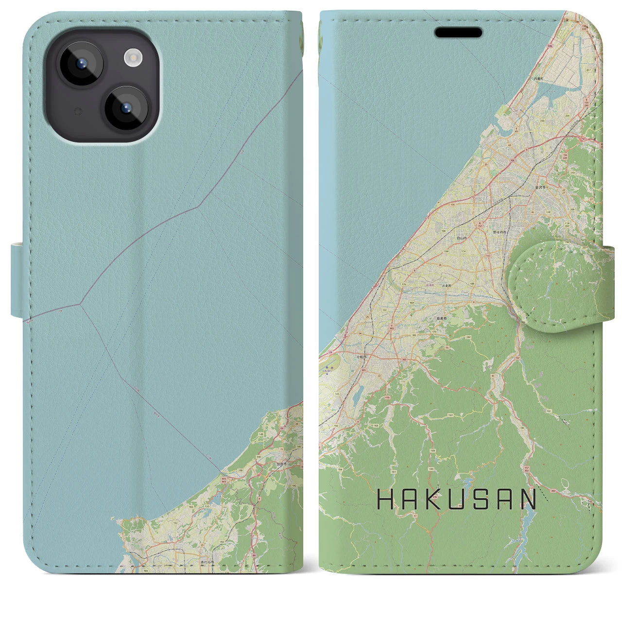 【白山(石川県)】地図柄iPhoneケース(手帳タイプ)ナチュラル・iPhone 14 Plus 用
