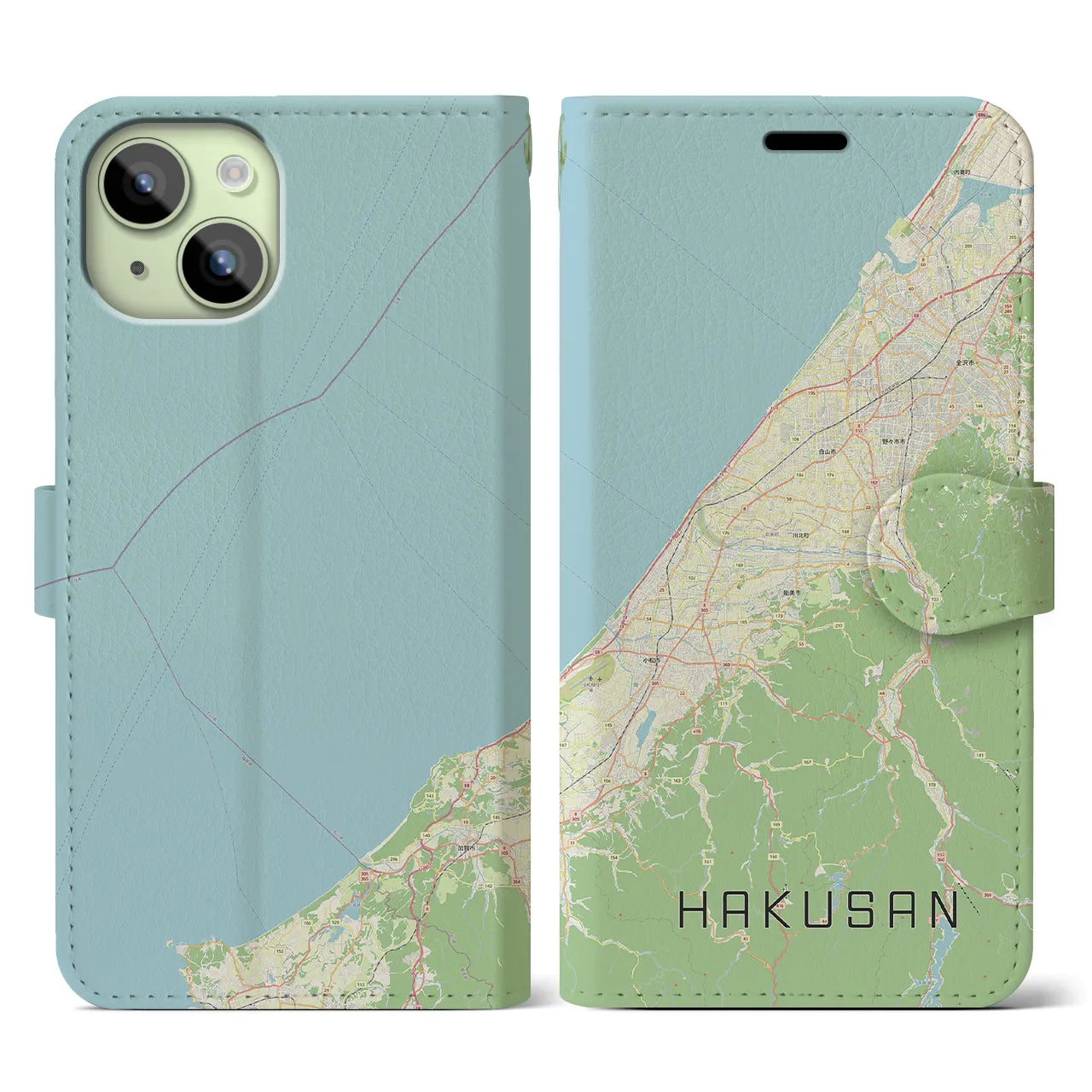 【白山(石川県)】地図柄iPhoneケース(手帳タイプ)ナチュラル・iPhone 15 用