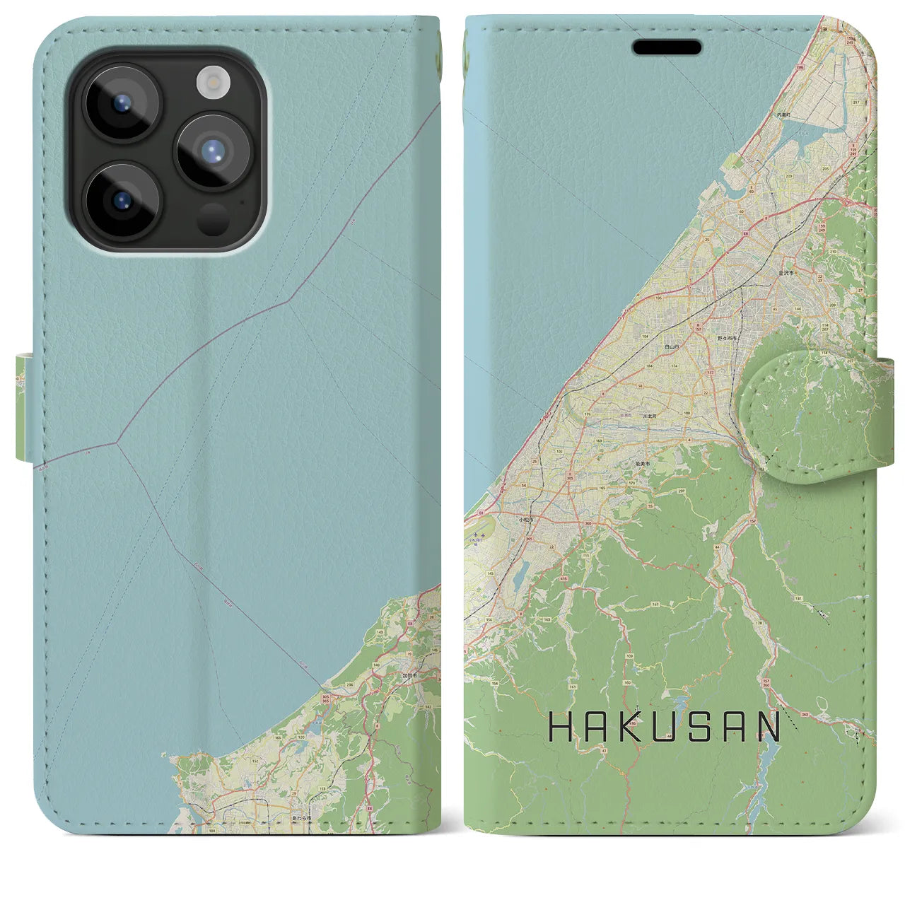 【白山(石川県)】地図柄iPhoneケース(手帳タイプ)ナチュラル・iPhone 15 Pro Max 用