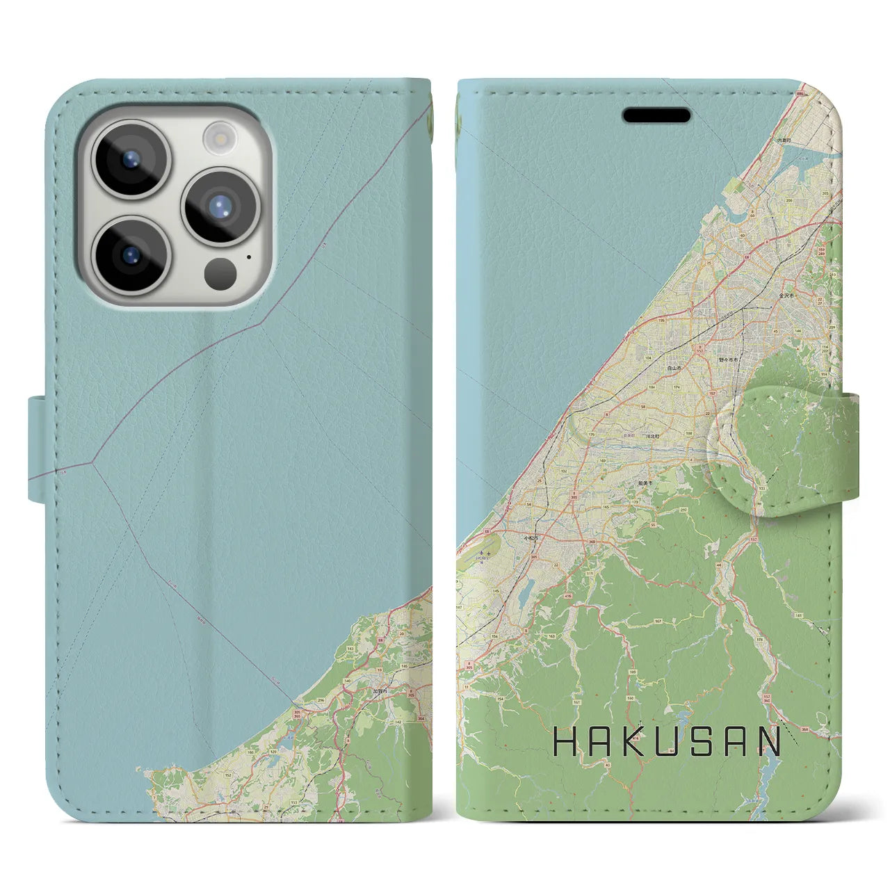【白山(石川県)】地図柄iPhoneケース(手帳タイプ)ナチュラル・iPhone 15 Pro 用
