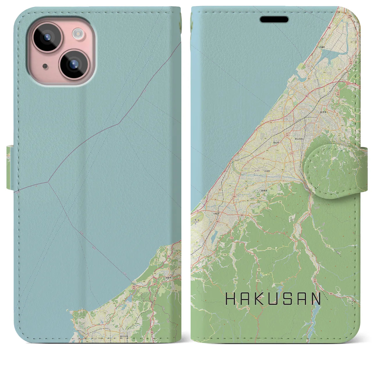 【白山(石川県)】地図柄iPhoneケース(手帳タイプ)ナチュラル・iPhone 15 Plus 用