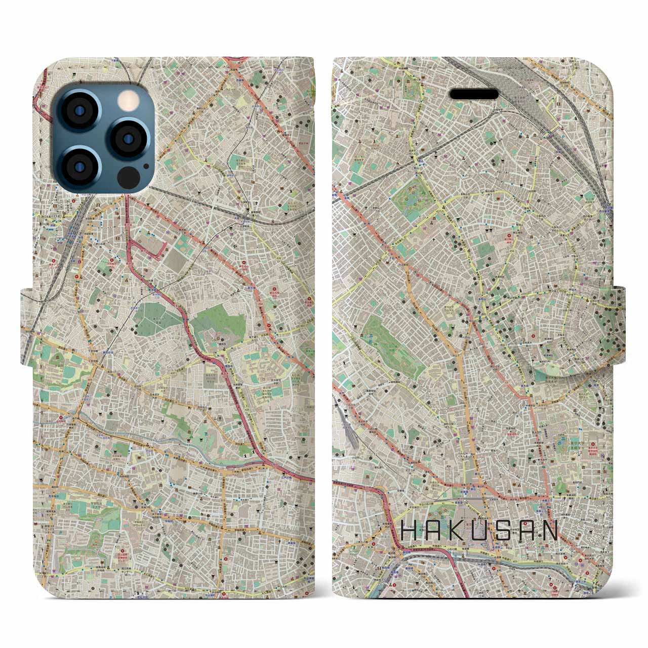 【白山(東京都)】地図柄iPhoneケース(手帳タイプ)ナチュラル・iPhone 12 / 12 Pro 用