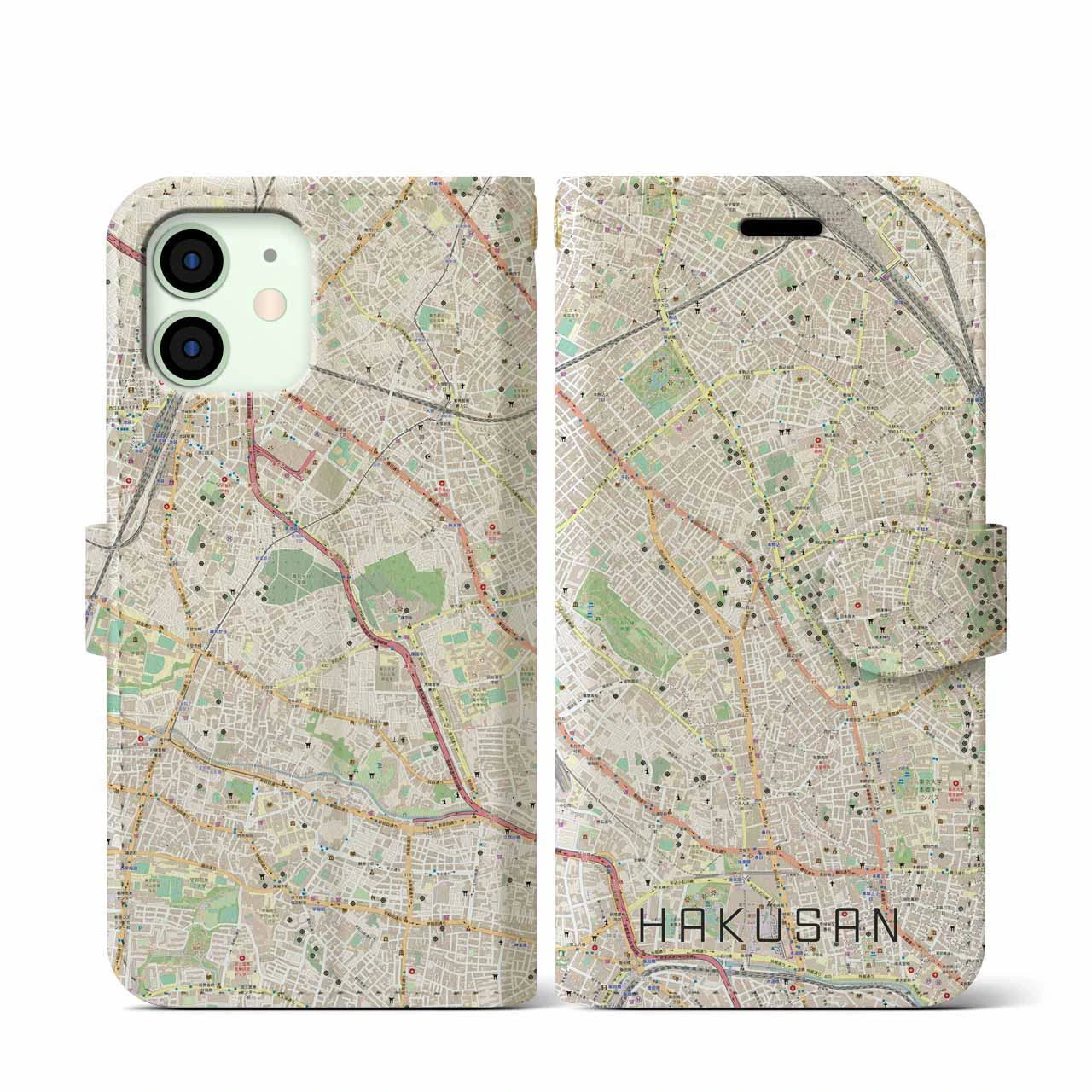 【白山(東京都)】地図柄iPhoneケース(手帳タイプ)ナチュラル・iPhone 12 mini 用