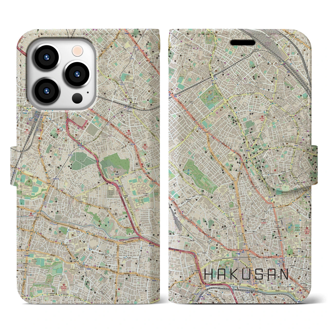 【白山(東京都)】地図柄iPhoneケース(手帳タイプ)ナチュラル・iPhone 13 Pro 用