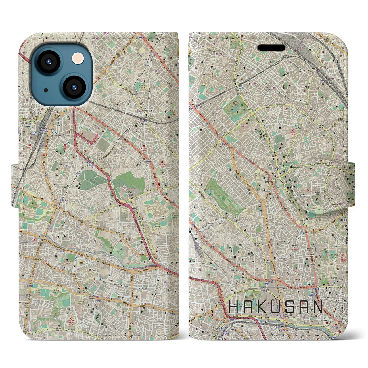 【白山(東京都)】地図柄iPhoneケース(手帳タイプ)ナチュラル・iPhone 13 用
