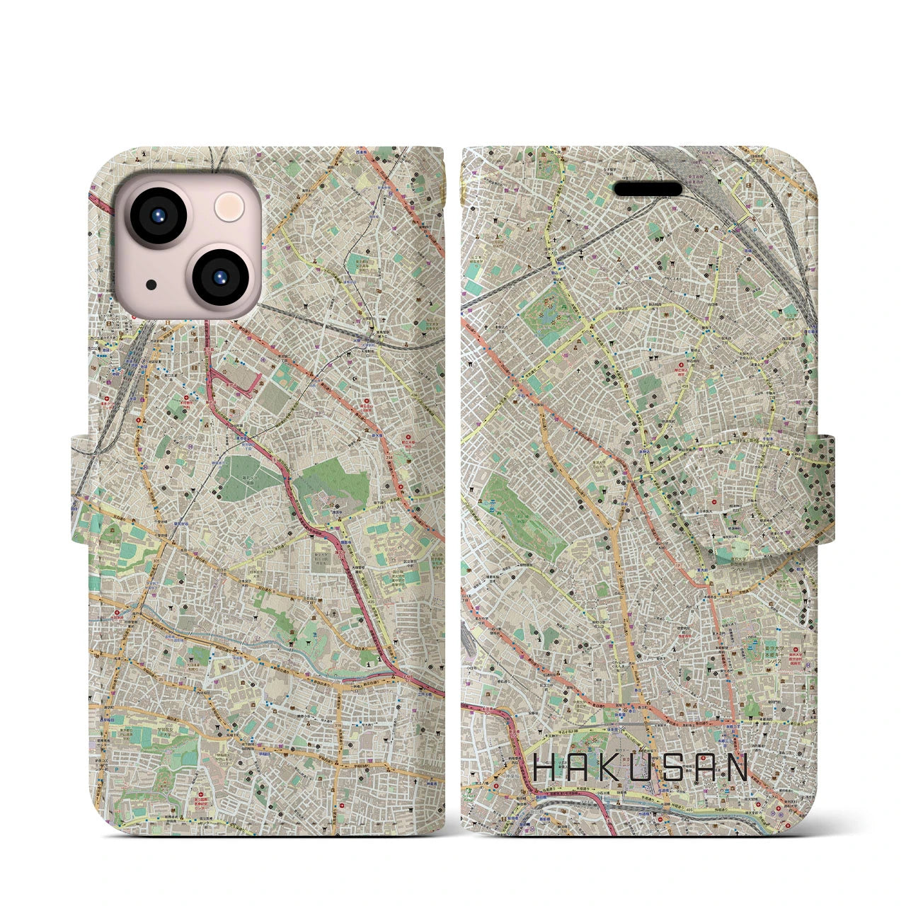 【白山(東京都)】地図柄iPhoneケース(手帳タイプ)ナチュラル・iPhone 13 mini 用