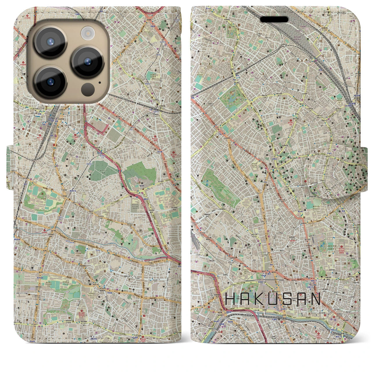 【白山(東京都)】地図柄iPhoneケース(手帳タイプ)ナチュラル・iPhone 14 Pro Max 用