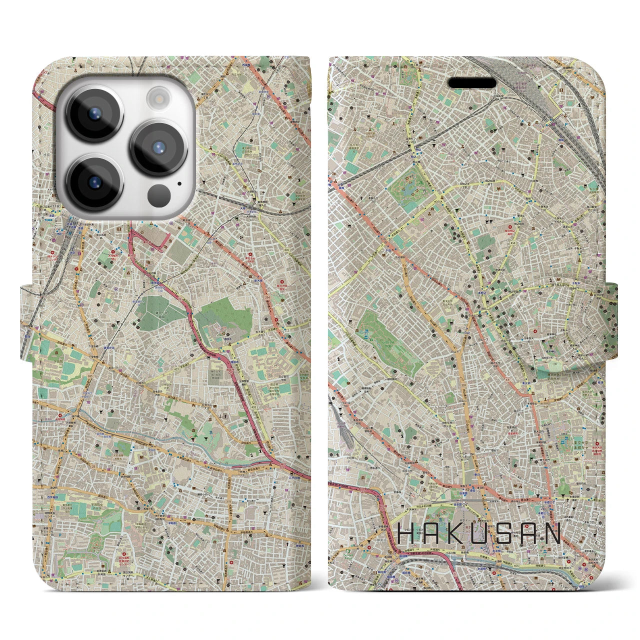 【白山(東京都)】地図柄iPhoneケース(手帳タイプ)ナチュラル・iPhone 14 Pro 用