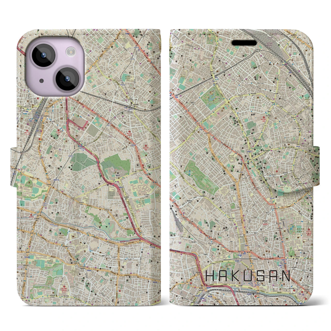 【白山(東京都)】地図柄iPhoneケース(手帳タイプ)ナチュラル・iPhone 14 用
