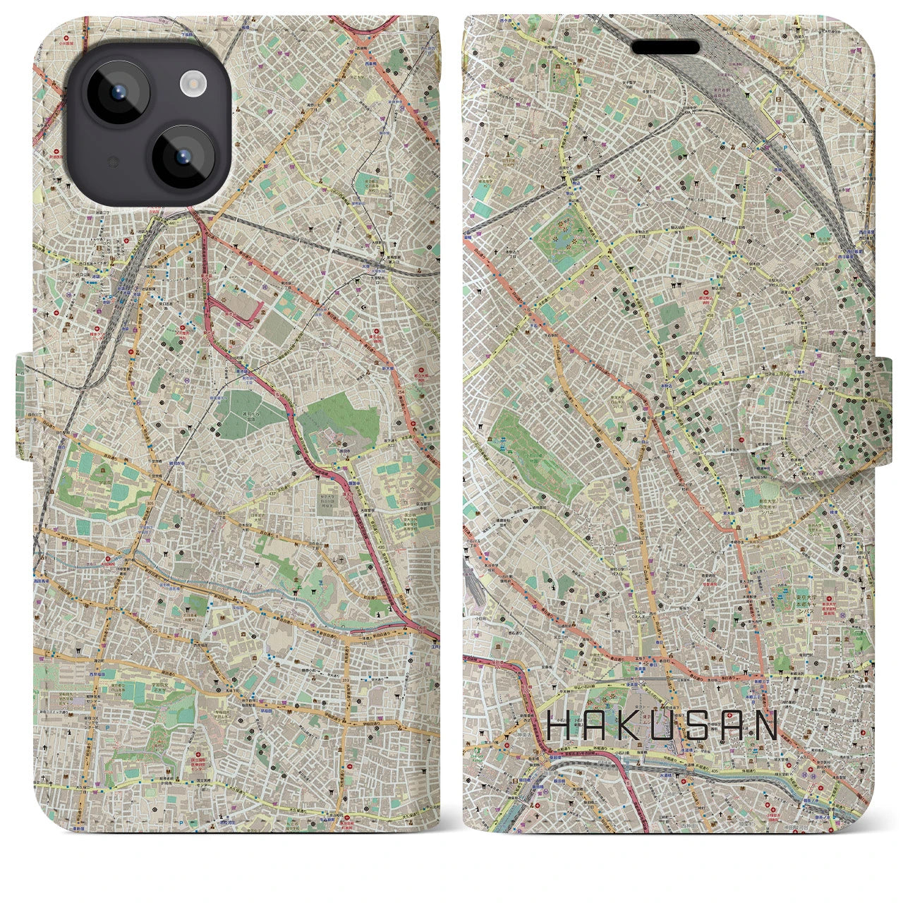 【白山(東京都)】地図柄iPhoneケース(手帳タイプ)ナチュラル・iPhone 14 Plus 用