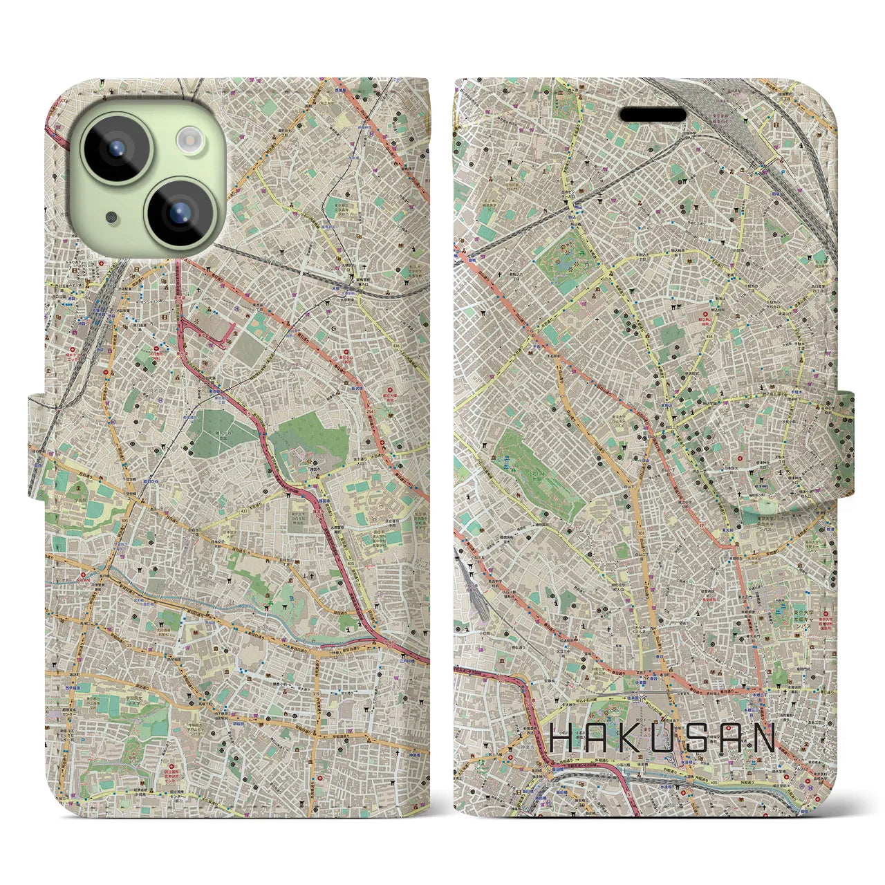 【白山(東京都)】地図柄iPhoneケース(手帳タイプ)ナチュラル・iPhone 15 用